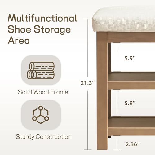 Zihanhome 2 Tier Shoe Rack Bench with Cushion, Solid Wood Shoe Benches, Mid-Century Modern Shoe Storage Bench for Entryway, Hallway, Living Room, Closet, Front Door Entrance, (Beige, 46.5") - color: Beige, size: 46.5"