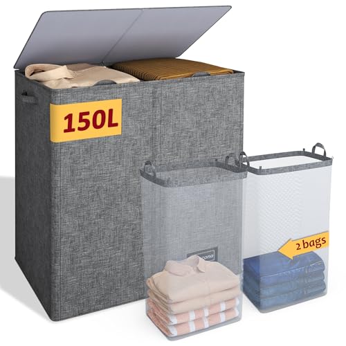 150L Laundry Hamper 2 Section, Large Laundry Hamper with Lid, Dirty Clothes Hamper with 2 Removable Inner Bags, Collapsible Laundry Basket Organizer for for Clothes Toys Towels, Hamper 2 Compartment - color: Grey, size: 150L