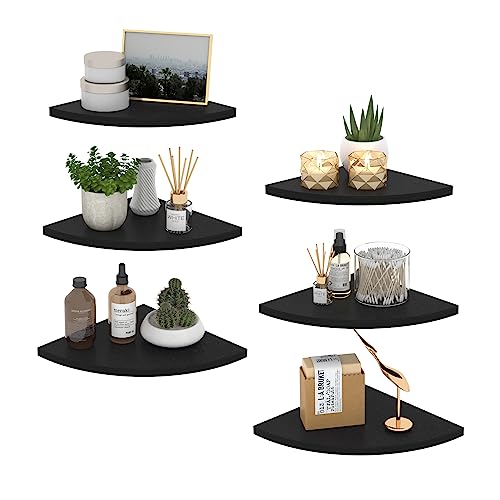 HORLIMER Floating Corner Shelf Wall Mount, Set of 6 Rustic Wood Corner Wall Shelves for Bedroom, Living Room, Bathroom, Kitchen (Black) - color: Black - 6 Pack, size: Fan-Shaped