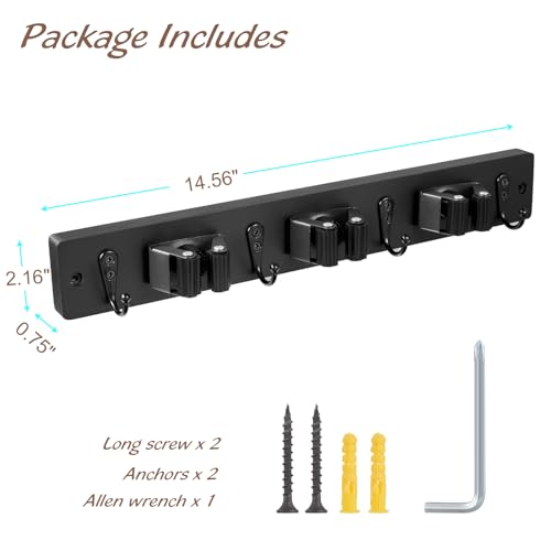 OUTNILI Black Mop Broom Holder Wall Mount with 3 Slots & 4 Hooks - Wood Broom Mop Hanger for Pantry Kitchen Organization - Garden Tool Organizer for Closet Laundry Room