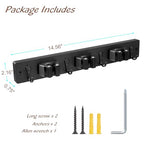 OUTNILI Black Mop Broom Holder Wall Mount with 3 Slots & 4 Hooks - Wood Broom Mop Hanger for Pantry Kitchen Organization - Garden Tool Organizer for Closet Laundry Room