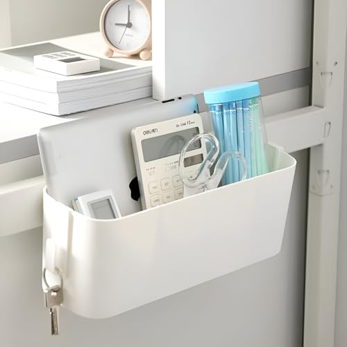 Bedside Organzier Caddy Hanging, Plastic Bunk Bed Shelf with Hooks, Large Storage Holder for Dorm Room Bed, Hospital Bed, Baby Bed Rails, 11 Lbs / 5 Kg Capacity (White) - color: White