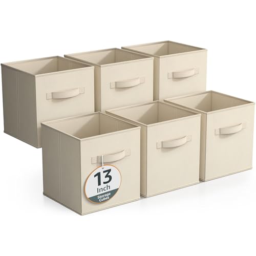 Sorbus Fabric Storage Cubes - 6 Foldable Storage Bins for Organizing Pantry, Cubbies, Toy Box - Clothes Storage & Closet Organizer - 13 Inch Collapsible Cube Baskets for Shelves with Handle - color: Beige, size: 13 Inch