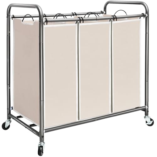 STORAGE MANIAC 3 Section Laundry Sorter, 35.9 Gal (136 L) Laundry Hamper Cart with Heavy Duty Rolling Lockable Wheels and Removable Bags, Clothes Organizer Basket Clothes Separator Hamper, Beige - color: Beige, size: 3 Section