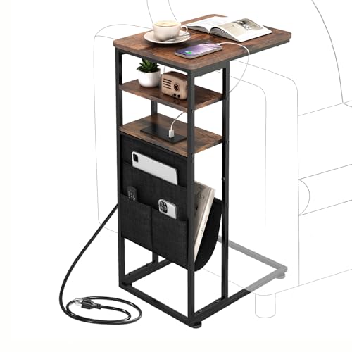C Shaped End Table with Charging Station, 28"(H) 3-Tier C Table with Storage Bag, Under Couch Table C-Shaped End Table with Storage Shelves and Bag for Living Room, Bedroom, or Office - color: Rustic Brown, size: Wood--with Socket