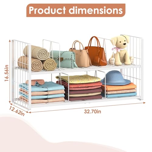 Hongtamoya Stackable Closet Storage Shelf, Adjustable Divider Clothes Shelves Organizer for Jeans Pant Shirt Sweater Bag Purse Shoe, Clothing Shelving Rack for Bedroom RV Wardrobe Closet System-White