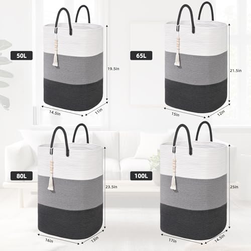 Woven Laundry Basket for Clothes,65 L Large Rectangle Laundry Hampers with Beads Tassel, Nursery Storage Basket for Toys, Tall Dirty Clothes Hamper for Bedroom Aesthetic, Laundry Room Organization - color: Gradient Gray, size: 65L