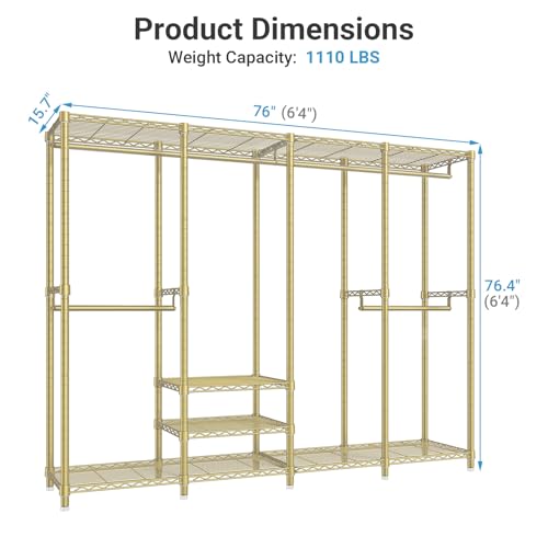 VIPEK V40 Heavy Duty Clothes Rack, 1110lb Capacity Sturdy Metal Garment Rack, Clothing Rack with 6 Shelves & 4 Hang Rods, Adjustable Open Wardrobe Closet Organizer for Bedroom/Apartment/Retail, Gold - color: Gold, size: V40 Regular