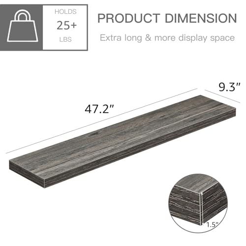 QEEIG Floating Shelves for Wall 47.2" Extra Long - Wall Mounted Shelf Bathroom Kitchen Living Room Bedroom Farmhouse Home Decor Display Bookshelf Large 47.2 x 9.3 inch Set of 2, Grey (008-120GY) - color: D. Grey, size: 47.2"