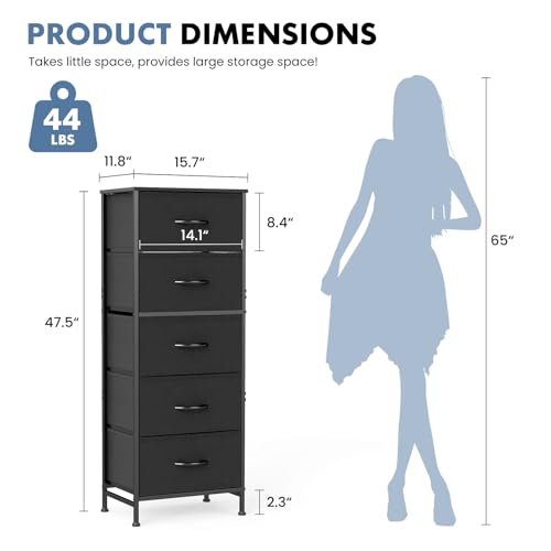 DUMOS Nightstand with 5 Drawers Bedside Table with Removable Fabric Bins Sturdy Steel Frame Wood Top Organizer Furniture for Bedroom Closet Living Room, Black - color: Black, size: 15.69"W x 11.8"D x 47.7"H(5 Drawers)