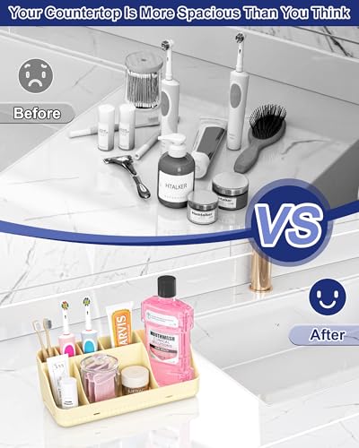 Bathroom Counter Organizer and Storage, 7 Slots Detachable Toothbrush Holders for Bathrooms, Anti-Slip Electric Toothbrush and Toothpaste Holder Countertop Vanity Organizer Accessories for Adults Kids - color: Milky Yellow