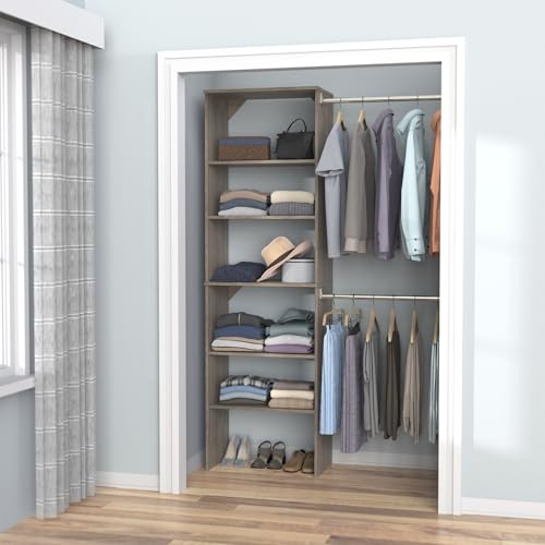 ClosetMaid SuiteSymphony Wood Closet Organizer Starter Kit with Tower and 3 Hang Rods, Shelves, Adjustable, Fits Spaces 5 – 10 ft. Wide, Graphite Grey - style: Graphite Grey Finish