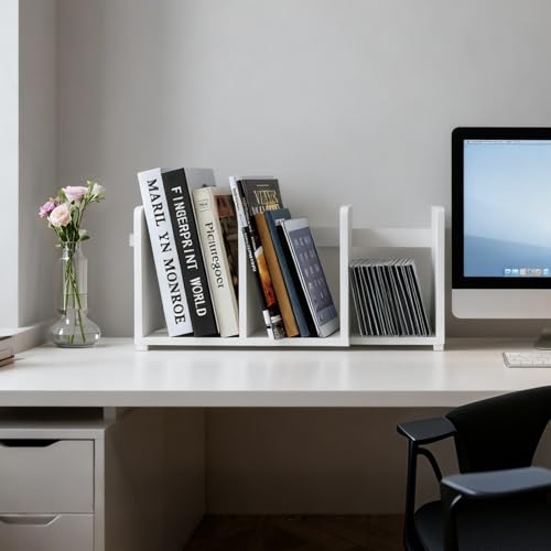 MyGift White Wood Desktop Bookshelf Organizer, Expandable Adjustable Display Shelf Book Rack - color: White