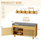 Shoe Storage Bench Coat Rack Set, 35.4" Bamboo Shoes Bench with Lift Top Hidden Storage & Wall Hooks, Hall Tree Entryway Bench with Seat Cushion, 2-Tier Shoe Cabinet for Entryway, Living Room, Bedroom - color: Natural With Hooks
