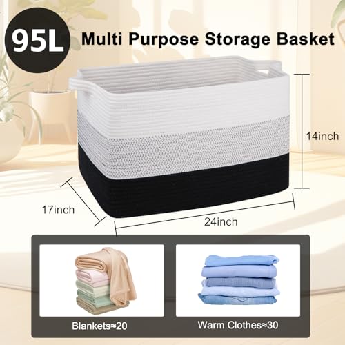 OIAHOMY Extra Large Blanket Basket, 95L Cotton Rope Woven Laundry Basket, Toy Bin for Baby Room, Container for Blanket Storage in Living Room, 24''×17''×14'', Gradient Black - color: Gradient Black, size: 95L
