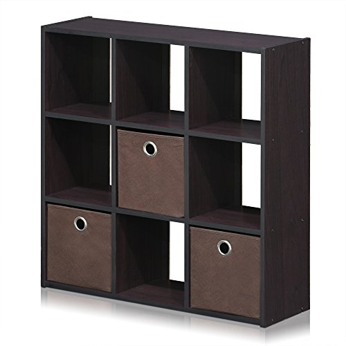 Furinno Simplistic 9-Cube Organizer with Bins, Small Size (Assembled Unit Dimensions : 7.9"D x 26.5"W x 26.7"H Inches), Dark Walnut - color: Dark Walnut, size: 9-Cube with Bin