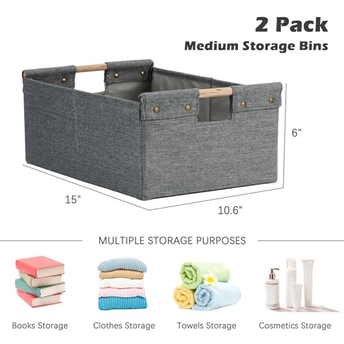 2PCS Storage Bins Cotton Linen Fabric Storage Boxes Basket with Wooden Handles Foldable Washable Decorative Shelf Container Clothes Organizer Home Laundry - Medium Size, Gray - color: Gray, size: Medium (Pack of 2)