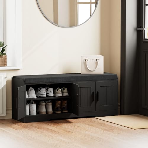 Homleke 2-Tier Storage Bench, Shoe Bench with Thickened Padded Seat Cushion, Entryway Bench with 4 Doors, Adjustable Shelf, 13.8" D x 45.3" W x 18.5" H, for Entryway, Living Room, Bedroom, Black - color: Black, size: 45.3"