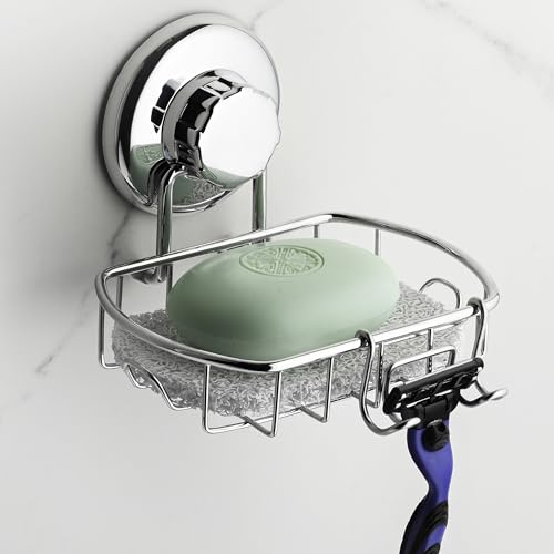 HASKO Suction Cup Soap Dish for Shower Wall, Rustproof Stainless Steel Shower Soap Holder for Bathroom with Hooks and Soap Saver, Includes Optional No Drill Adhesive Mount, Silver - color: Silver
