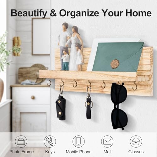Lwenki Decorative Key Holder for Wall with Shelf, Entryway Shelf with Hooks Holds Leashes, Jackets and Glasses – Sturdy Wood Keyholder Entrance Hanger with Mounting Hardware (Wood, Large) - color: Wood, size: Large
