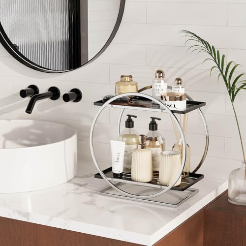2-Tier Bathroom Organizer Countertop, Silver Black Perfume Organizer for Dresser, Multi-Purpose Makeup Organizer, Large Cosmetic Skincare Organizers, Exquisite Vanity Storage, Ideal for Gift - color: Silver Black