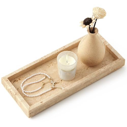 Real Natural Small Marble Tray for Bathroom, Vanity, Kitchen and Desktop, Rectangle Genuine Marble Stone Tray for Jewelry, Cosmetics, Candles, Lotion, Perfume and Home Decor - color: Travertine, size: 12" x 5" x 1.2"