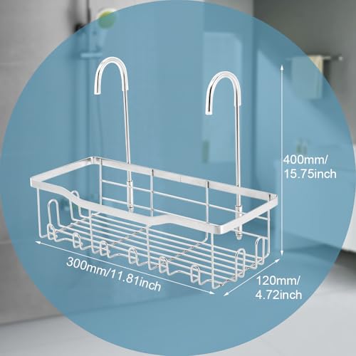 Shower Caddy Hanging, Stainless Steel Showers Organizer Rack with Hooks and Suction Cup for Elderly Seniors Disabled Handicap
