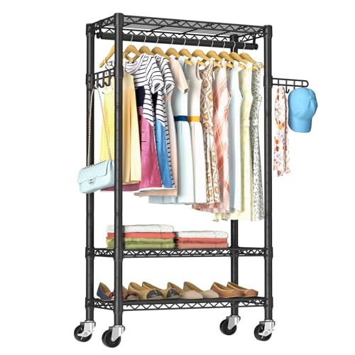 Heavy Duty Clothes Rack Rolling Garment Rack,3 Tier Adjustable Wire Shelving Clothing Racks for Hanging Clothes with Hanger Rod&Side Hooks,Freestanding Wardrobe Storage Rack Metal Portable Closet - color: Black3, size: 15.75"D x 23.5"W x 72.45"H