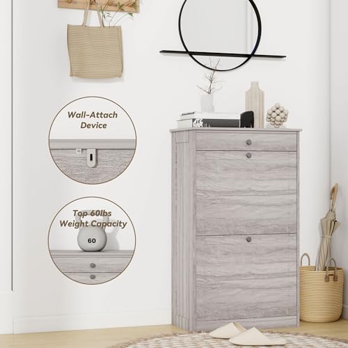FTZxHKLX Shoe Storage Cabinet with 2 Flip Drawers, Narrow Freestanding Hidden Shoe Rack Cabinet, Pet-Proof Shoe Organizer for Closet, Entryway, Hallway, Wash Grey - color: Wash Grey, size: 1pcs