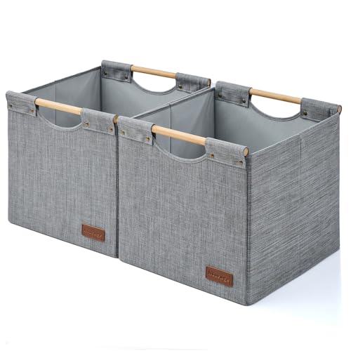 KAKAMAY Collapsible Cube Storage Bins 15x13x13 Inches Grey 2-Pack, Foldable Storage Organizer Wooden Handles Fabric Baskets for Living Room Shelves, Bedroom Nursery Closet Toys, Clothes, Laundry - color: Grey