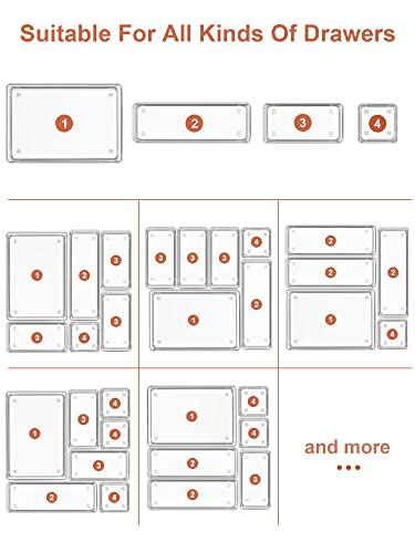 SMARTAKE 22-Piece Drawer Organizer with Non-Slip Silicone Pads, 4-Size Clear Desk Drawer Organizer Trays Storage Tray for Makeup, Jewelries, Utensils in Bedroom Dresser, Office and Kitchen, Clear - size: Large