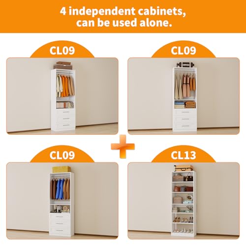 Closet System with 4 Sets, 8FT-21FT Closet Organizer Systems with 9 Wooden Drawers 9 Shelves & 5 Hanging Rods, Walk in Closet freestanding Small Corner Modular Closet Storage System White (8FT)