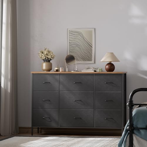 VASICAR Wide TV Stand for Bedroom, Dresser with 9 Deep Drawers, Fabric Storage Cabinet, Modern Chest of Drawers for Closet, Nursery, Living Room（Black） - color: Black