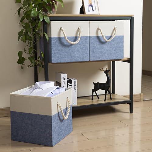 PRANDOM Large Foldable Cube Storage Bins 13x13 inch [2-Pack] Fabric Linen Storage Baskets Cubes Drawer with Cotton Handles Organizer for Shelves Nursery Closet Bedroom Beige/Blue - color: Beige/Blue, size: 13x13 inch(2-Pack)