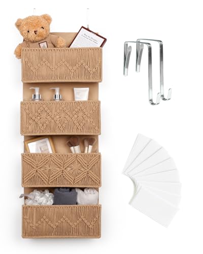 ANTIS'S HOME Nursery Over The Door Organizer Boho Decor Nursery Storage with 4 Large Woven Pockets, Macrame Nursery Organizers and Toys Storage, Behind Door for Bathroom, Bedroom, Brown - size: Brown-4 Pockets