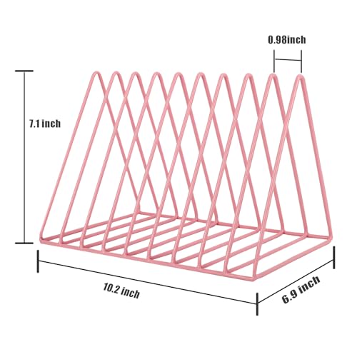 EASEPRES Vinyl Record Holder Storage, 9 Slot Metal Magazine Book Album Display Rack, Stylish Triangle Desktop File Sorter Organizer for Home Office, Pink - color: Pink