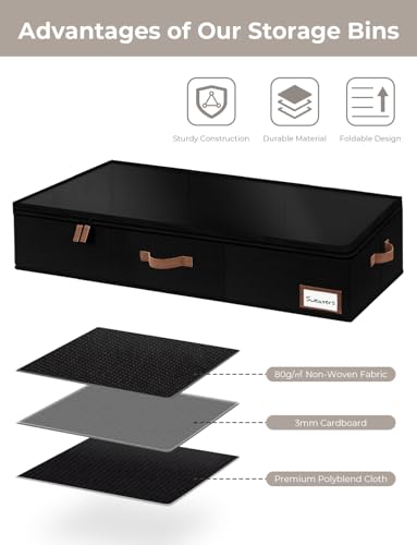 StorageWorks Large Under Bed Storage Containers with Handles and Label Holder, 2 Pack Ultra-thick Fabric Underbed Bins, Closet Organizer for Clothes, Blankets, Sweater - color: Black, size: Large-without Wheels