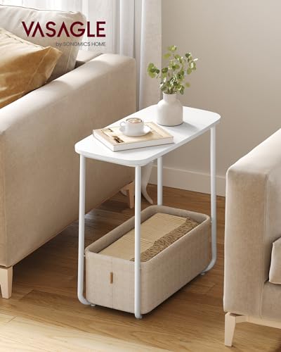 VASAGLE LILEA Collection - Side End Table with Fabric Basket, Modern Nightstand, Rectangular Bedside Table, for Living Room, Bedroom, Matte White and Camel Brown ULET230W10 - color: Matte White + Camel Brown, size: Rectangular + 1 pack