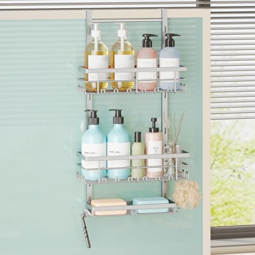 SWTYMIKI Over The Door Shower Caddy - 3 Tier Rustproof Hanging Shower Organizer with Adjustable Shelves, 28 Hooks & Soap Holder, Hanging Shower Rack Storage for Bathroom Accessories, Silver - color: Silver-3 Tier