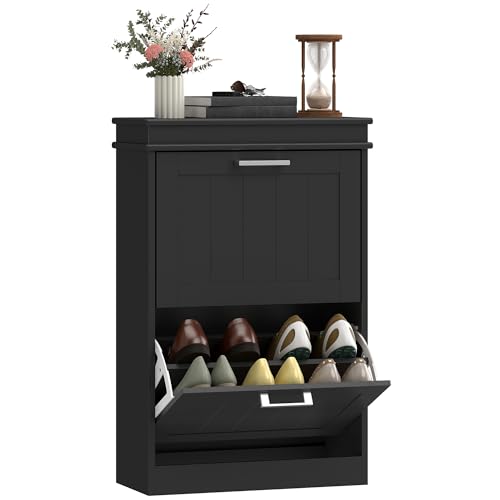 HOMCOM Narrow Shoe Cabinet with 2 Flip Drawers, Modern Freestanding Shoe Storage Cabinet with Adjustable Shelves for Entryway, Hallway, Black - color: Black