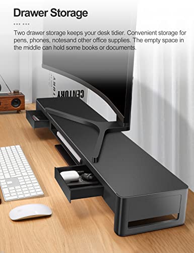 meatanty Dual Monitor Stand Riser with 2 Storage Drawers, Metal Computer Monitor Stand Monitor Shelf with Pull Out Drawer, Keyboard and Mouse Storage Desktop Organizer for PC,Laptop,iMac,TV,Printer - size: Extra-Large, style: Basic Version
