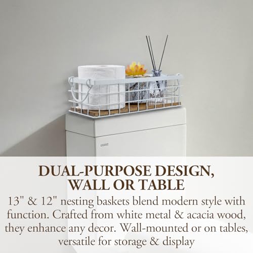 MyGift 13 and 12 Inch Nesting Storage Baskets with Handles, Wall Mounted or Tabletop White Metal Wire and Premium Acacia Wood Decorative Shelf Organizer Bins, 2 Piece Set - color: White, Acacia Wood