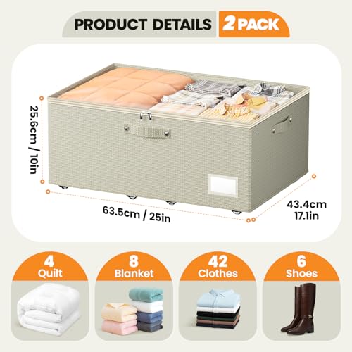 Dayacoco Under Bed Storage With Wheels,10 Inches Under Bed Storage Containers,65L Large Capacity,No Assembly Required Rolling Under Bed Storage for Clothes,Blankets,Shoes,Beige - size: 10.1 inch height-beige