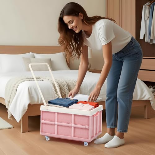 30L Collapsible Storage Bins with Lids: Storage Tote With Wheels Folding Plastic Stackable Utility Crates Plastic Tote Storage Box Container Stackable Folding Utility Crates for Clothes,Books - color: Pink