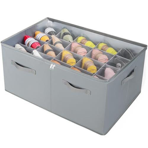 TOPIA HOME Shoe Organizer for Closet, Foldable Shoe Box with Adjustable Dividers and Clear Cover, Space Saving Shoe Storage Organizer Cabinet with Reinforced Handles, Fits 20 Pairs, Gray, TP10G - color: Gray, size: Extra Large(26.5''L x 16.54''W x 13.5''H