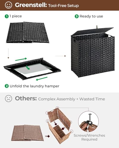 Greenstell Laundry Hamper with lid, No Install Needed, 130L Wicker Laundry Baskets Foldable 2 Removable Liner Bags, 2 Section Clothes Hamper Handwoven Rattan Laundry Basket with Handles, Black - color: Black, size: 130L (26.2x13.3x24.0 Inches)