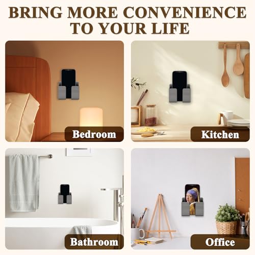 2 Pcs Wall Mount Phone Holder with 3M Adhesive Phone Stand with Data Cable Receiving Hole, Charger Remote Control Storage Box for Bedroom, Kitchen, Bathroom, Office (Gray) - color: Grey