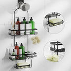 DAOYA Shower Caddy Hanging, Anti-Swing Over Head Shower Caddy, Rustproof Bathroom Organizer with Soap Holder & Hooks - color: Black, size: L