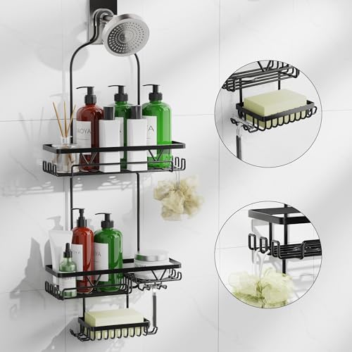 DAOYA Shower Caddy Hanging, Anti-Swing Over Head Shower Caddy, Rustproof Bathroom Organizer with Soap Holder & Hooks - color: Black, size: L