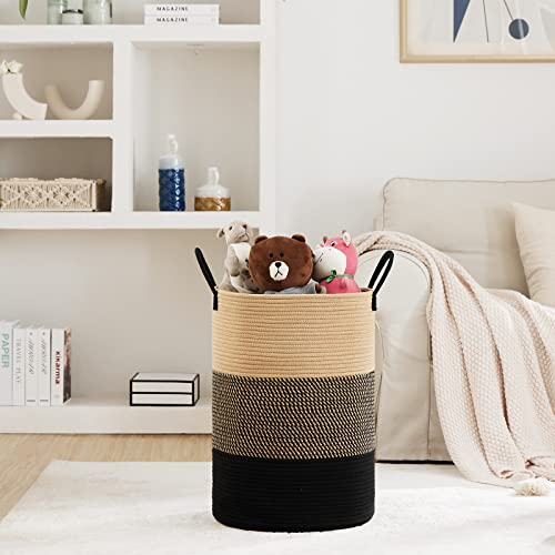 72L Large Woven Laundry Hamper by Fiona's magic, Tall Cotton Rope Storage Basket, Jute Baby Nursery Hamper for Blankets, Toys and Clothes in Bedroom and Living Room Organizing, Brown & Black - color: Brown & Black, size: Large(72L)